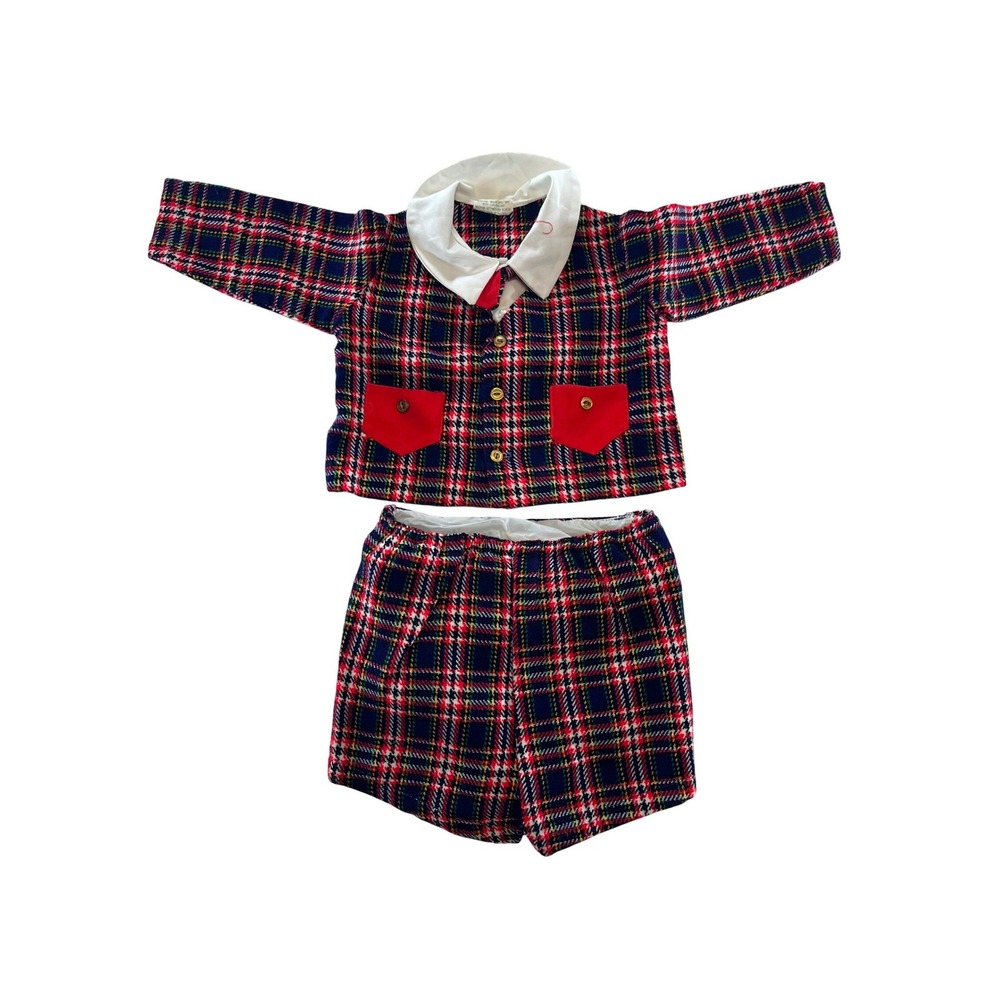 Vintage Cotton Candy Kids Plaid Jacket and Shorts Set Holiday Christmas Navy Red